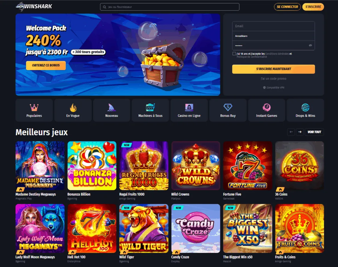 Winshark Casino bonus de bienvenue Winshark Casino Page d'accueil